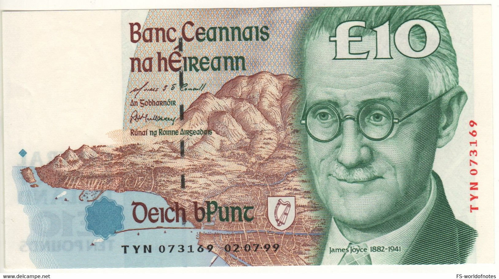 IRELAND 10 Pounds   P76b    Dated 02-07-1999 (  James Joyce  +   Liffey River Mask; Street Map Of Dublin At Back ) - Irland