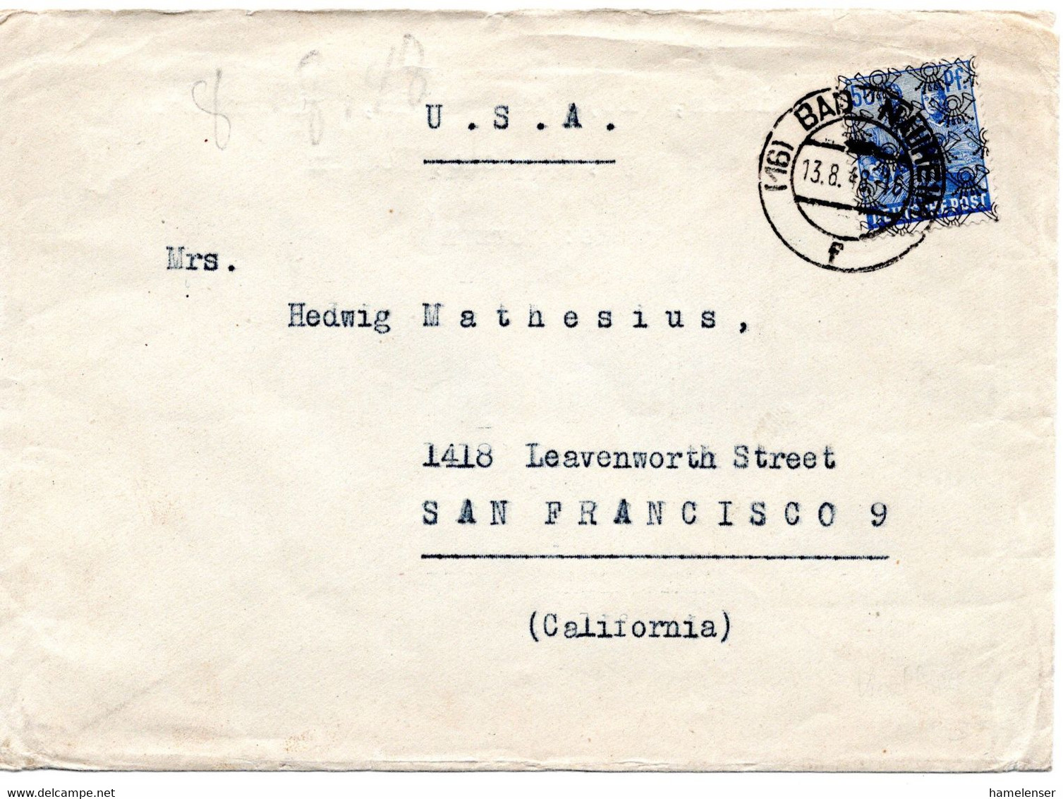 64215 - Bizone - 1948 - 50Pfg Netzaufdruck EF A Bf BAD NAUHEIM -> San Francisco, CA (USA) - Other & Unclassified