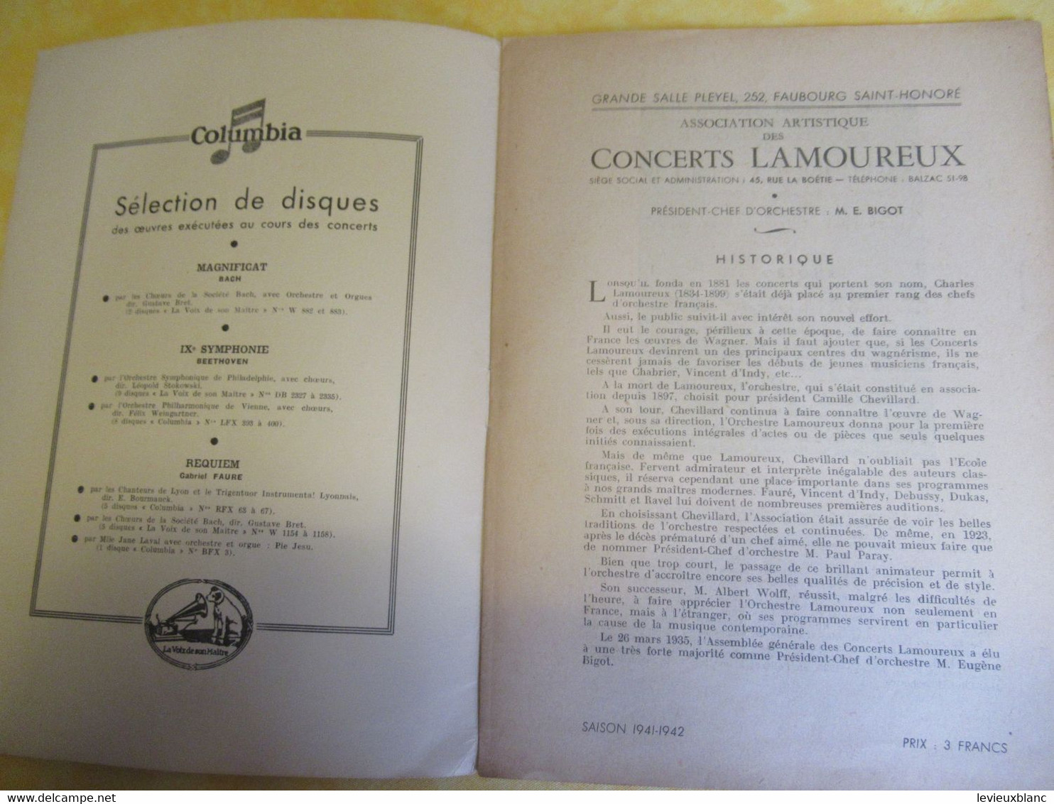 Programme Ancien/Musique/Grande Salle PLAYEL/Ass..des Concerts LAMOUREUX/ BIGOT Pdt /1941  PROG331 - Programmi