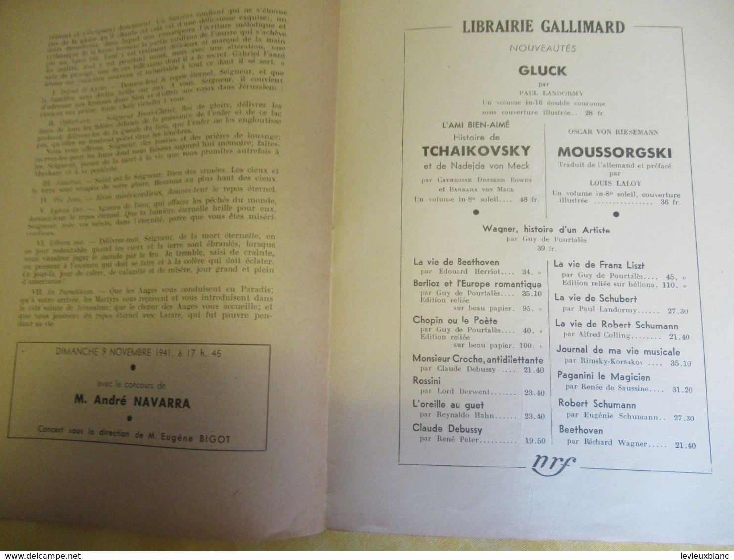 Programme Ancien/Musique/Grande Salle PLAYEL/Ass..des Concerts LAMOUREUX/ BIGOT Pdt /1941  PROG331 - Programma's