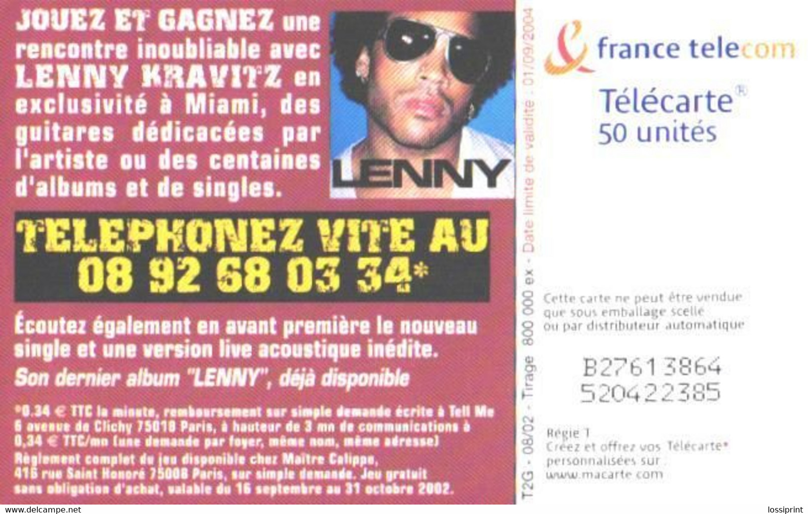 France:Used Phonecard, 50 Units, Lenny Kravitz - 2004