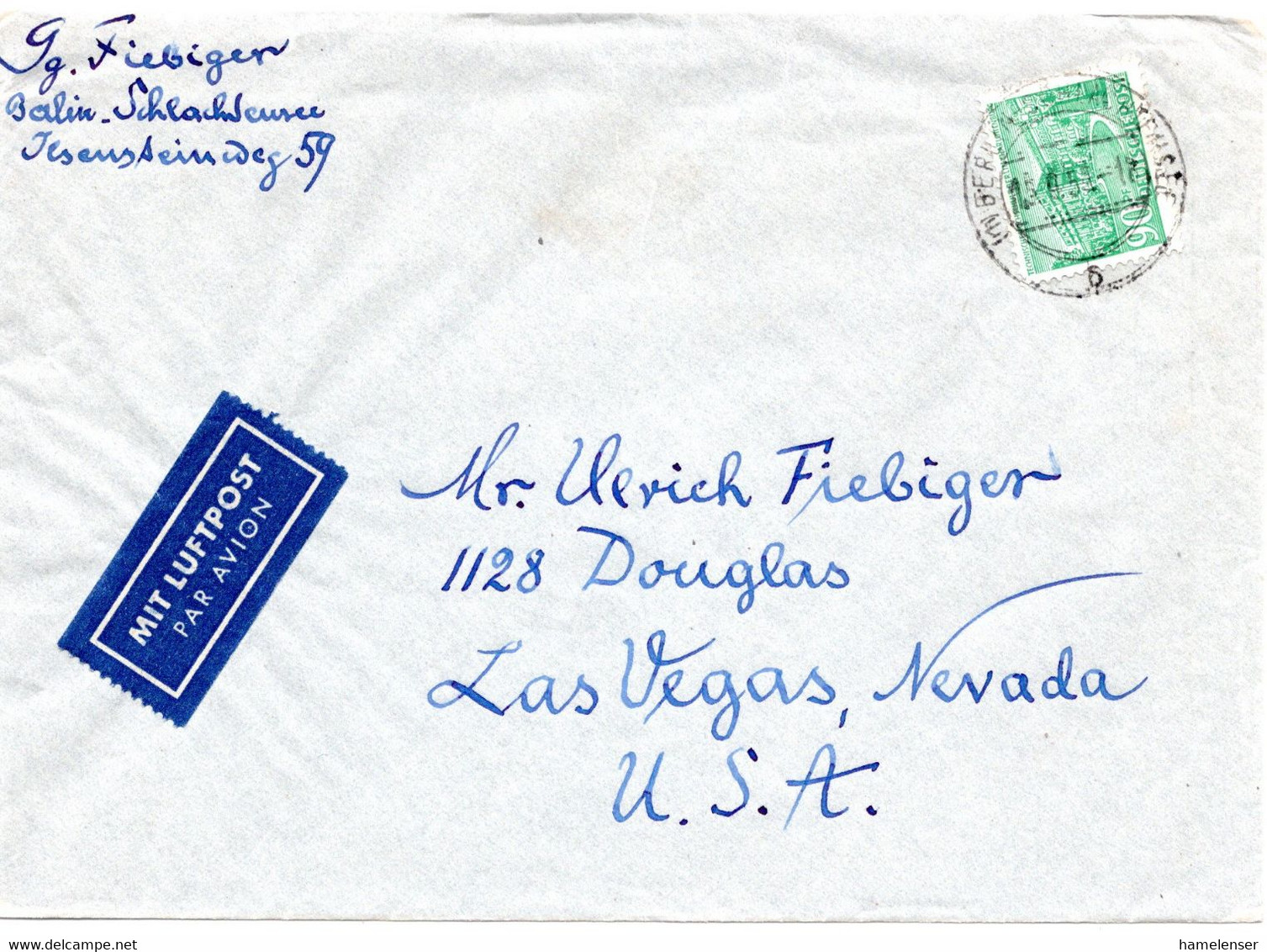 64216 - Berlin - 1954 - 90Pfg Bauten I EF A LpBf BERLIN -> Las Vegas, NV (USA) - Storia Postale