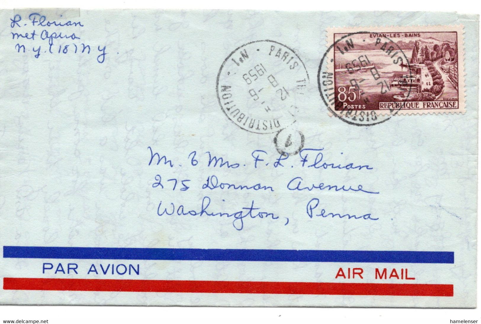 64219 - Frankreich - 1959 - 85F Evian EF A LpAerogramm PARIS -> Washington, PA (USA) - Covers & Documents