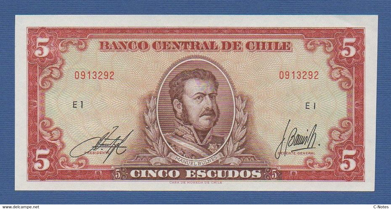 CHILE - P.138 (6) – 5 Escudos ND 1964 UNC, Serie E1 0913292 - Cile