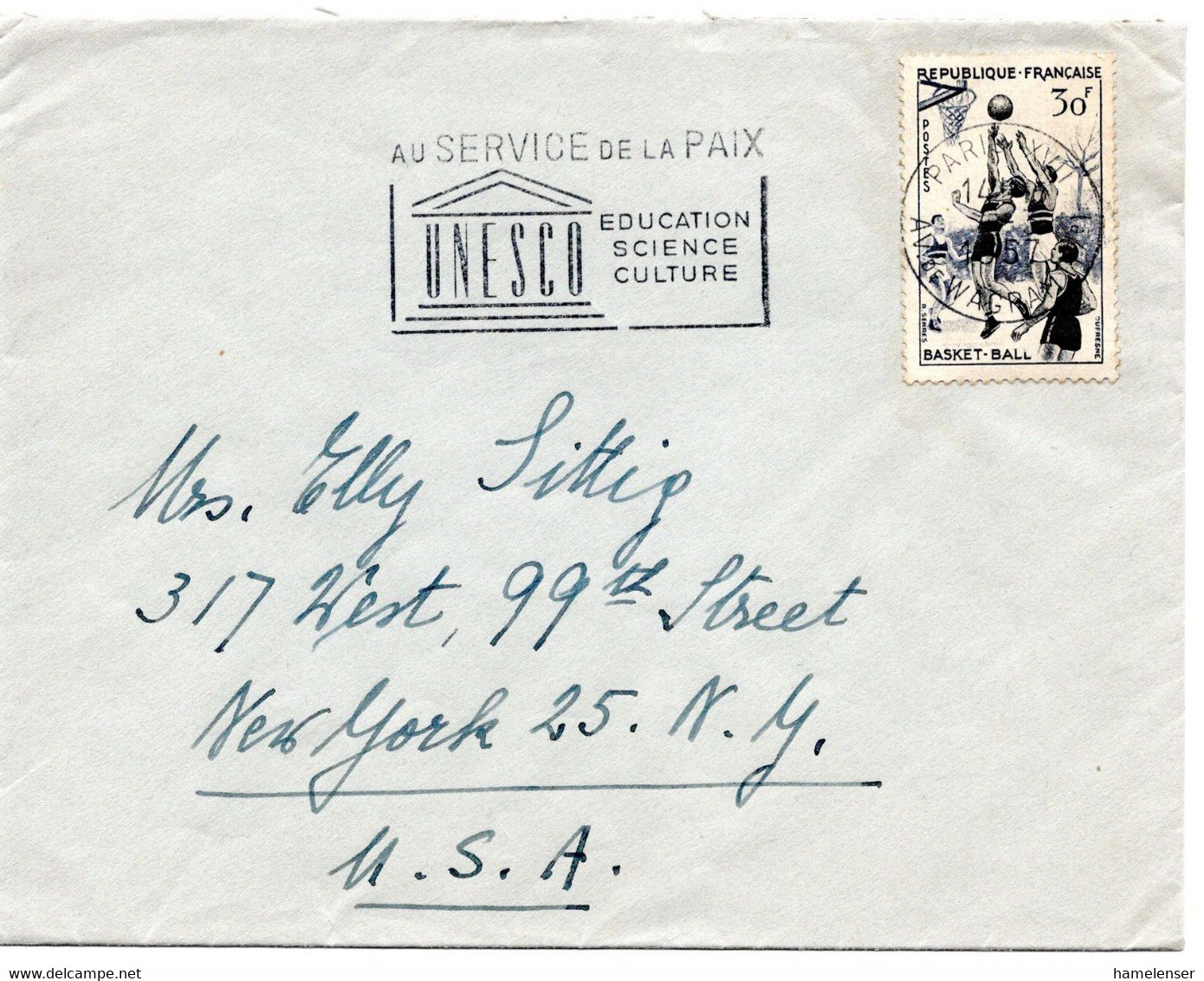 64221 - Frankreich - 1957 - 30F Basketball EF A Bf PARIS - ... UNESCO ... -> New York, NY (USA) - Covers & Documents
