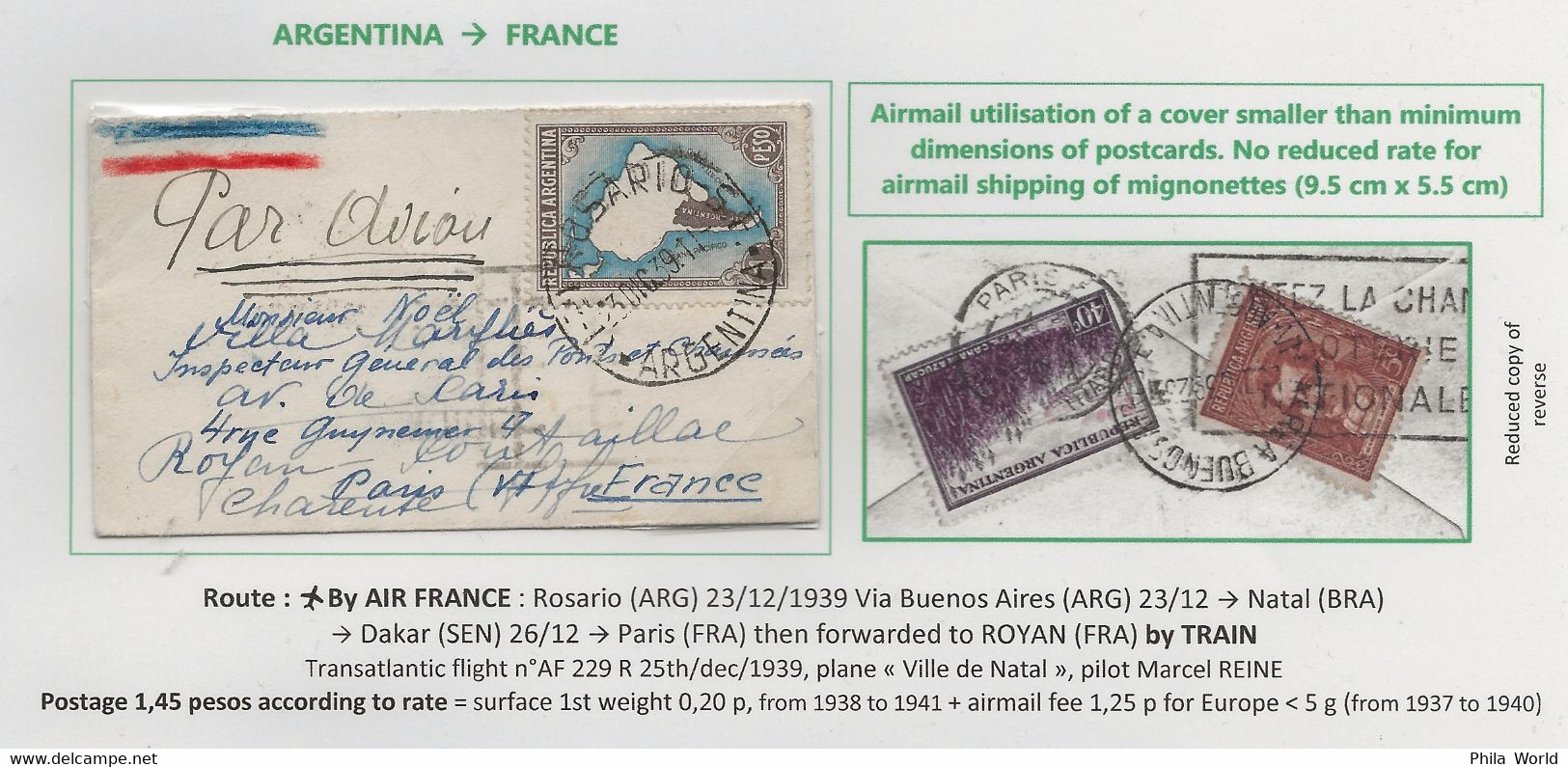 AIR FRANCE 1939 Argentina Rosario France Air Mail Cover Mignonette To Paris Forwarded Royan AF 229 R REINE - Cartas & Documentos