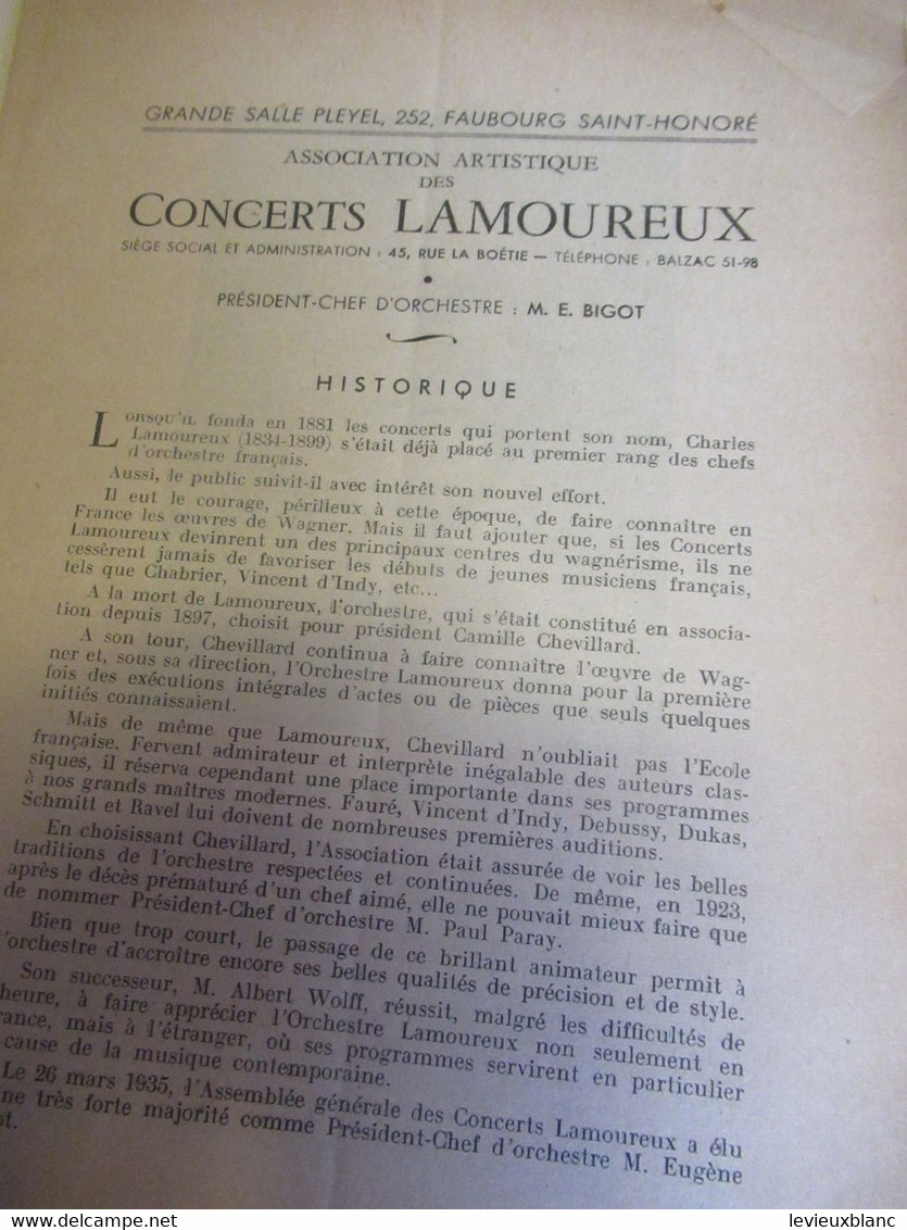 Programme Ancien/Musique/Grande Salle PLAYEL/Ass..des Concerts LAMOUREUX/ BIGOT Pdt /WAGNER/1941  PROG332 - Programma's