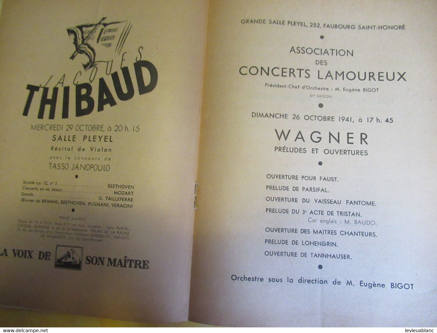 Programme Ancien/Musique/Grande Salle PLAYEL/Ass..des Concerts LAMOUREUX/ BIGOT Pdt /WAGNER/1941  PROG332 - Programma's