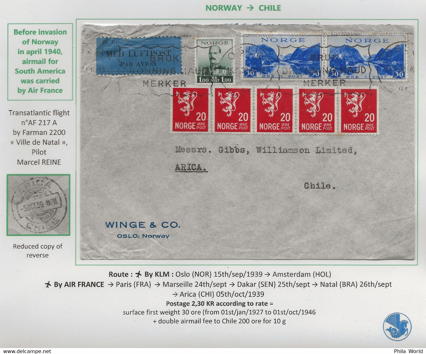 AIR FRANCE 1939 NORWAY Oslo CHILE Arica Air Mail Cover Via KLM Amsterdam AF 217 A Marcel REINE - Cartas & Documentos