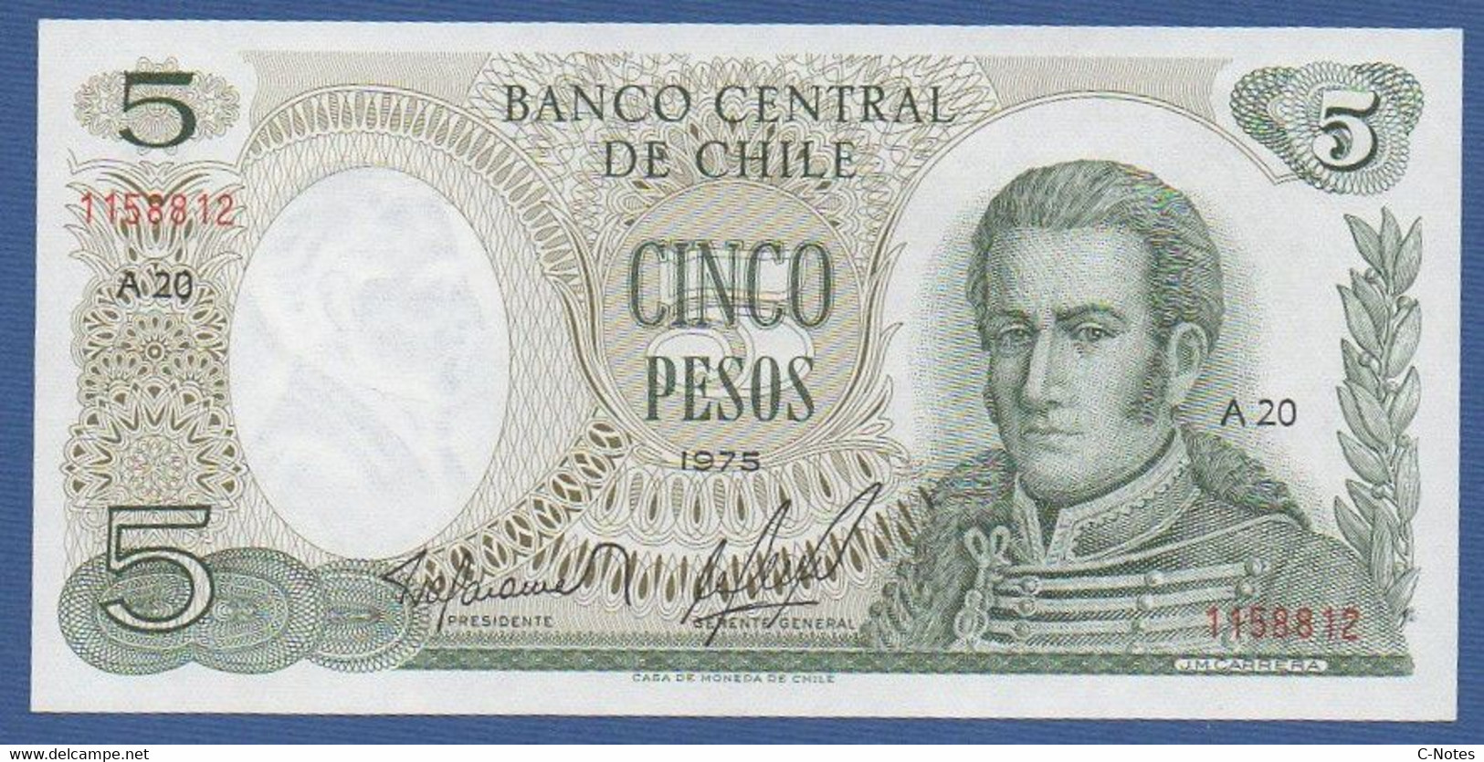 CHILE - P.149a – 5 Pesos 1975 UNC, Serie A20 1158812 - Cile