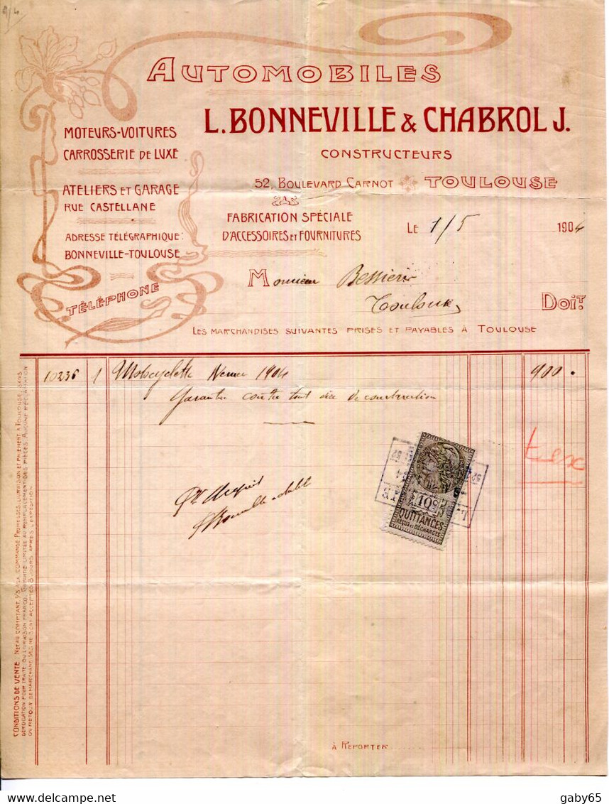 FACTURE.31.TOULOUSE.MOTEURS.VOITURES.CARROSSERIE.AUTOMOBILES L.BONNEVILLE & CHABROL.J.CONSTRUCTEURS. - Automobil