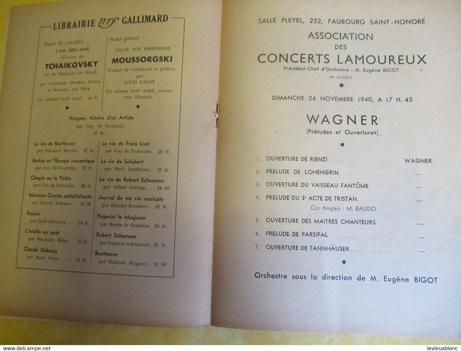 Programme Ancien/Musique/ Salle PLAYEL/Ass..des Concerts LAMOUREUX/ BIGOT Pdt / WAGNER /1940      PROG334 - Programma's