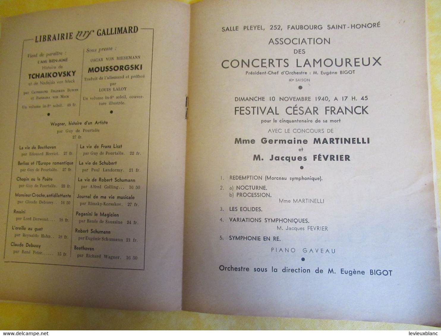 Programme Ancien/Musique/ Salle PLAYEL/Ass..des Concerts LAMOUREUX/ BIGOT Pdt / Cesar FRANCK /1940      PROG335 - Programma's