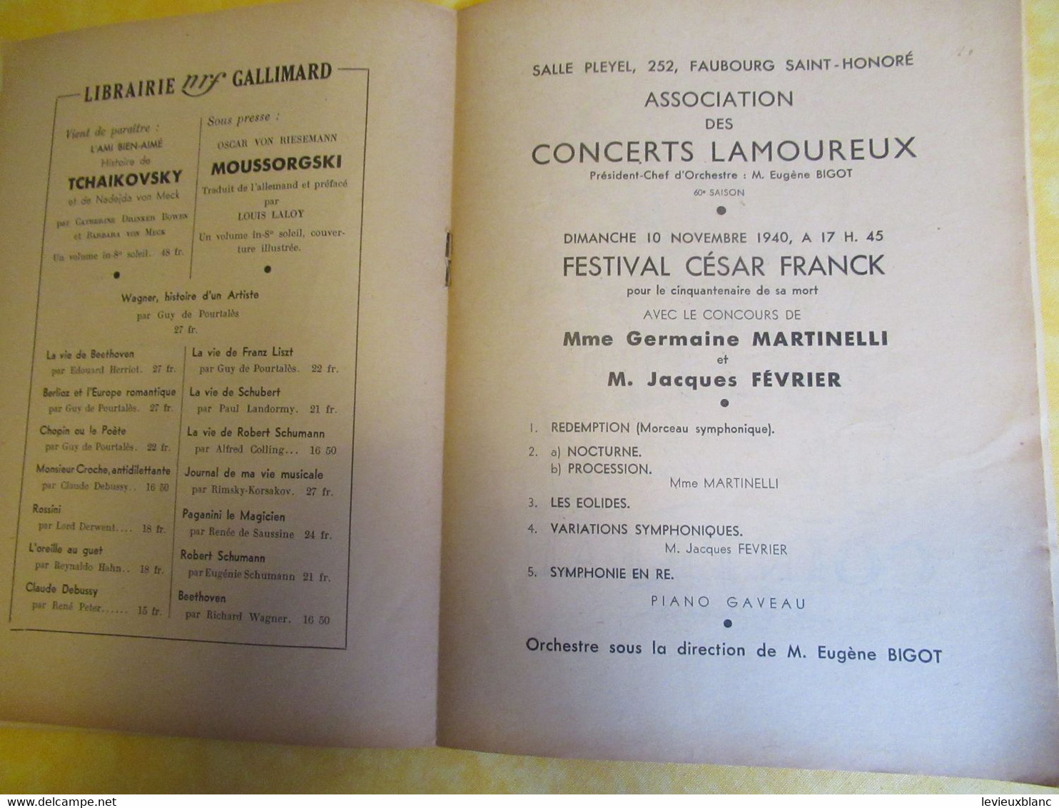 Programme Ancien/Musique/ Salle PLAYEL/Ass..des Concerts LAMOUREUX/ BIGOT Pdt / Cesar FRANCK /1940      PROG335 - Programmi