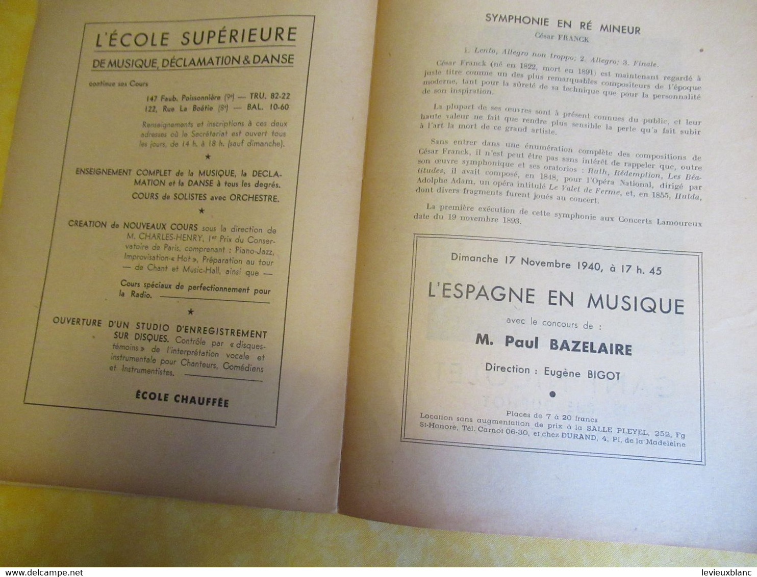 Programme Ancien/Musique/ Salle PLAYEL/Ass..des Concerts LAMOUREUX/ BIGOT Pdt / Cesar FRANCK /1940      PROG335 - Programma's