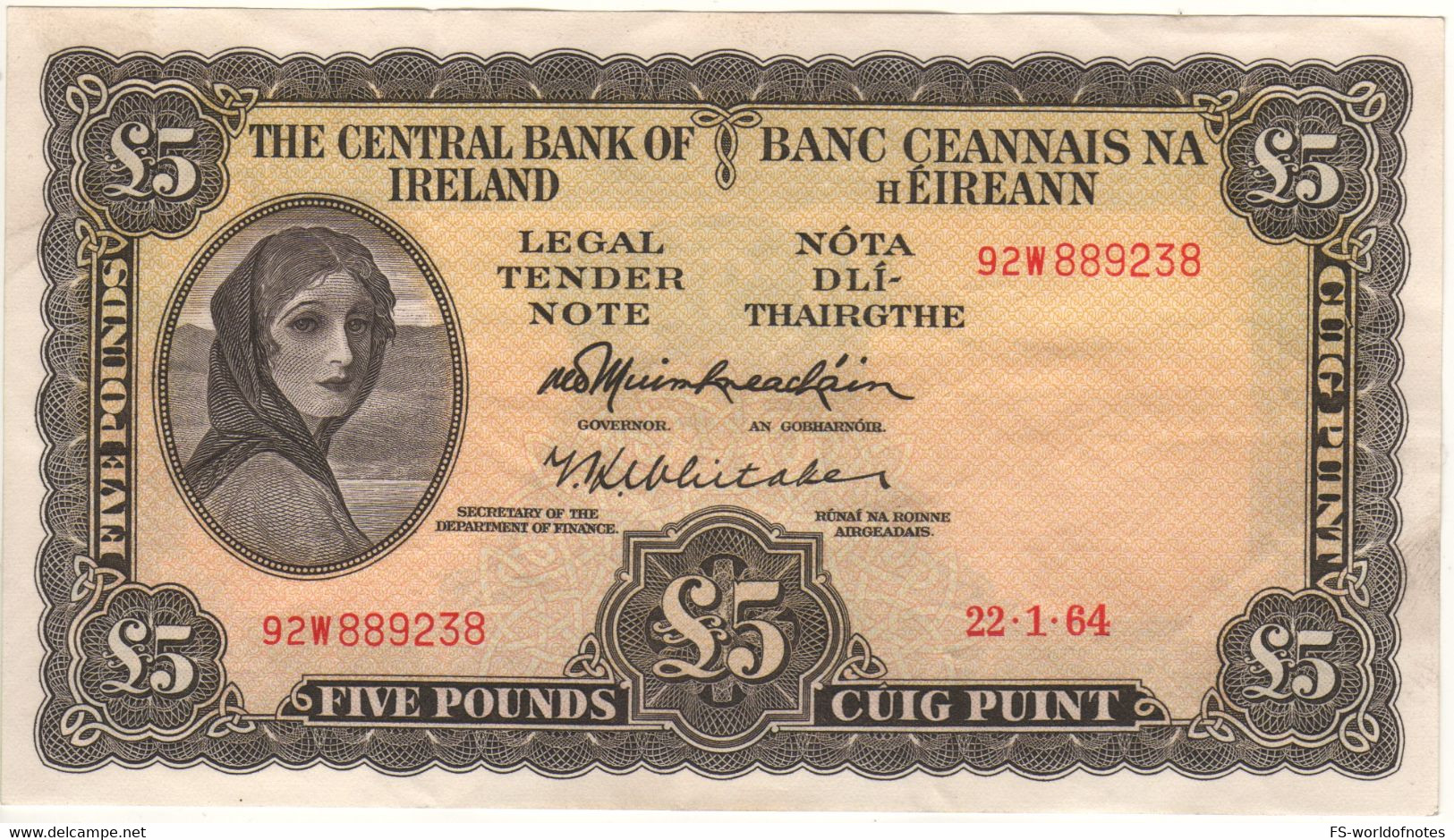 IRELAND 5 Pounds   P65a   Dated 22.1.1964 ( Lady Hazel Lavery + River Lagan Water Spirit At Back ) - Ireland