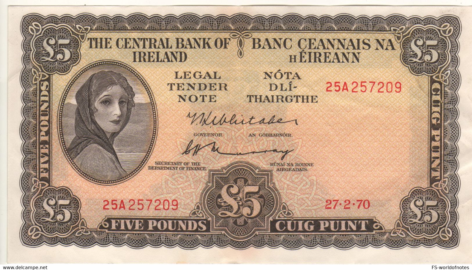 IRELAND 5 Pounds   P65b   Dated 27.2.1970 ( Lady Hazel Lavery + River Lagan Water Spirit At Back ) - Ierland