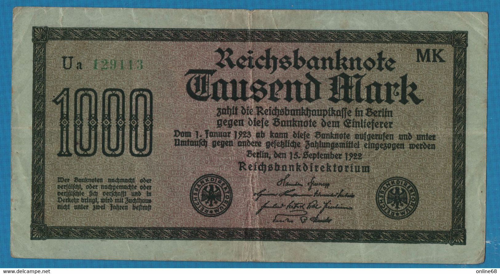 DEUTSCHES REICH 1000 MARK 15.09.1922 # Ua 129113 MK P# 76h - 1000 Mark