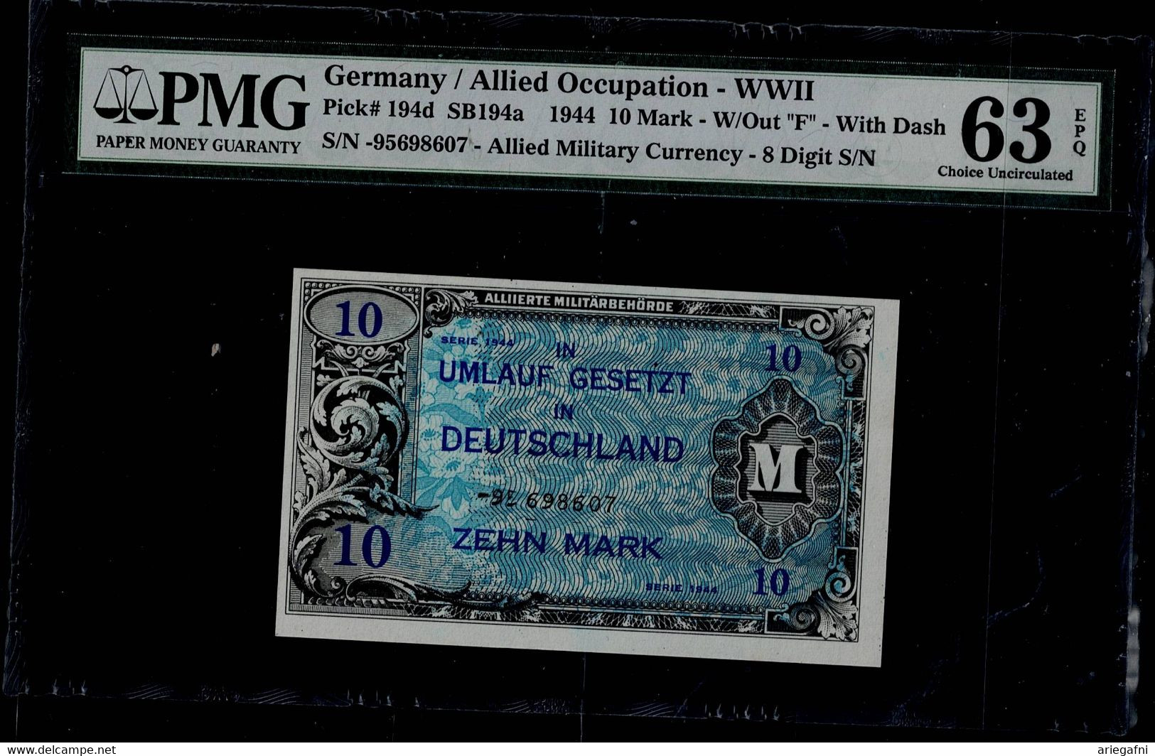 GERMANY 1944 BANKNOTES GERMANY/ ALLIED OCCUPATION- WWII ALLIED MILITARY CURRENCY 10 MARK PICK 194D PMG 63 UNC!! - 2. WK