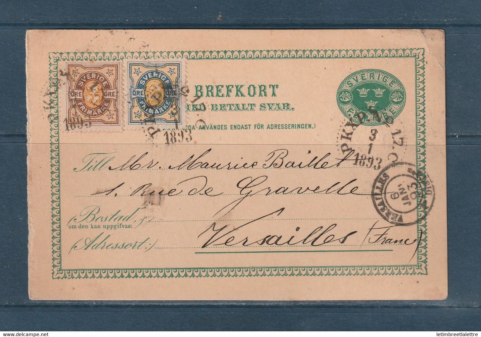 Suède - Entier Postal - Pour La France Avec Complément D'affranchissement - 1893 - Ganzsachen