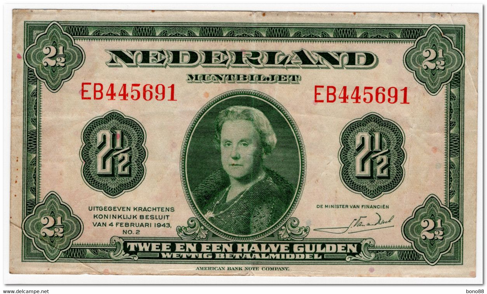 NETHERLANDS,2 1/2 GULDEN,1943,P.65,VF - 2 1/2  Florín Holandés (gulden)