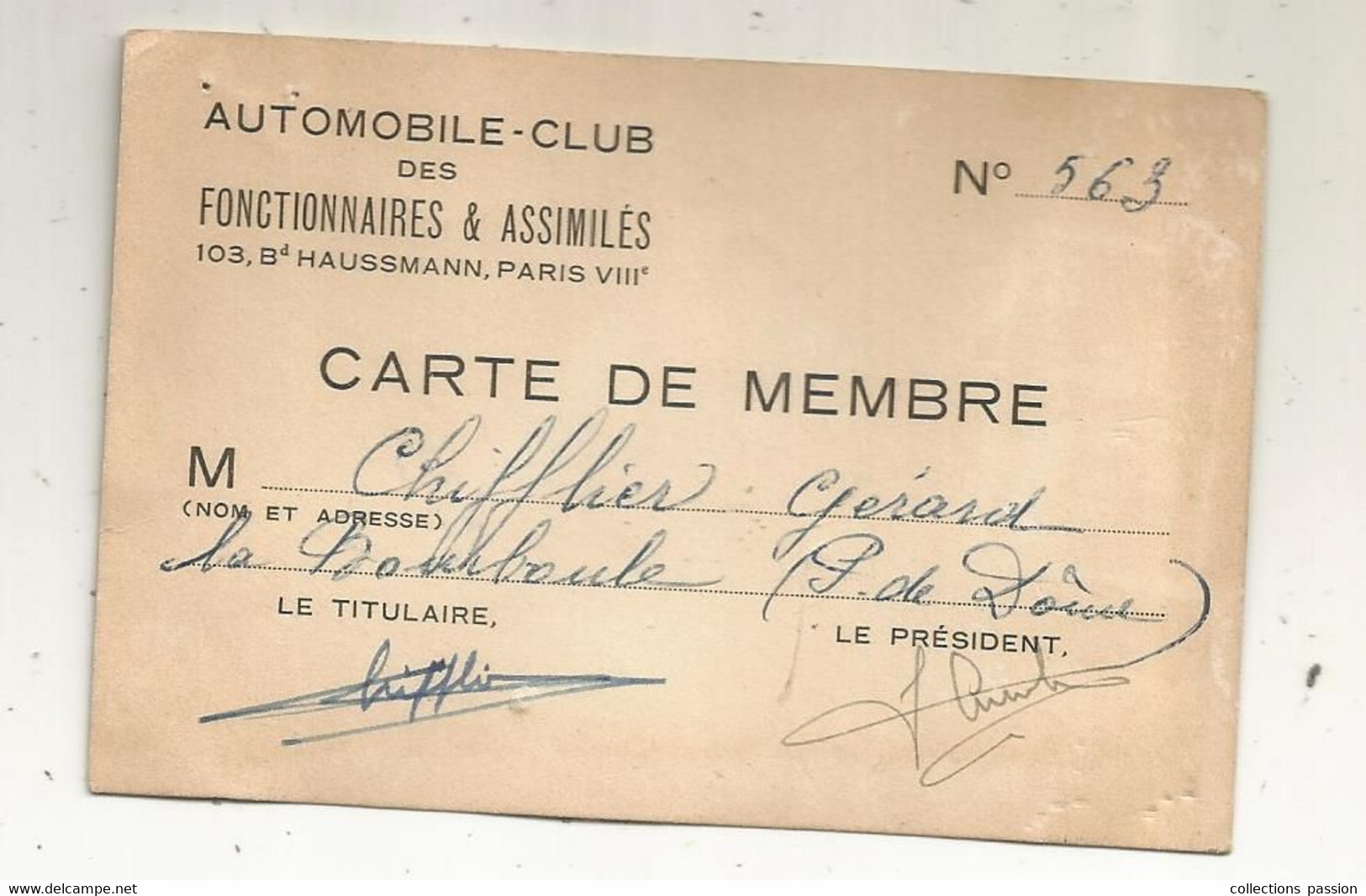 Carte De Membre, AUTOMOBILE-CLUB Des Fonctionnaires & Assimilés , LA BOURBOULE , Puy De Dome - Cartes De Membre