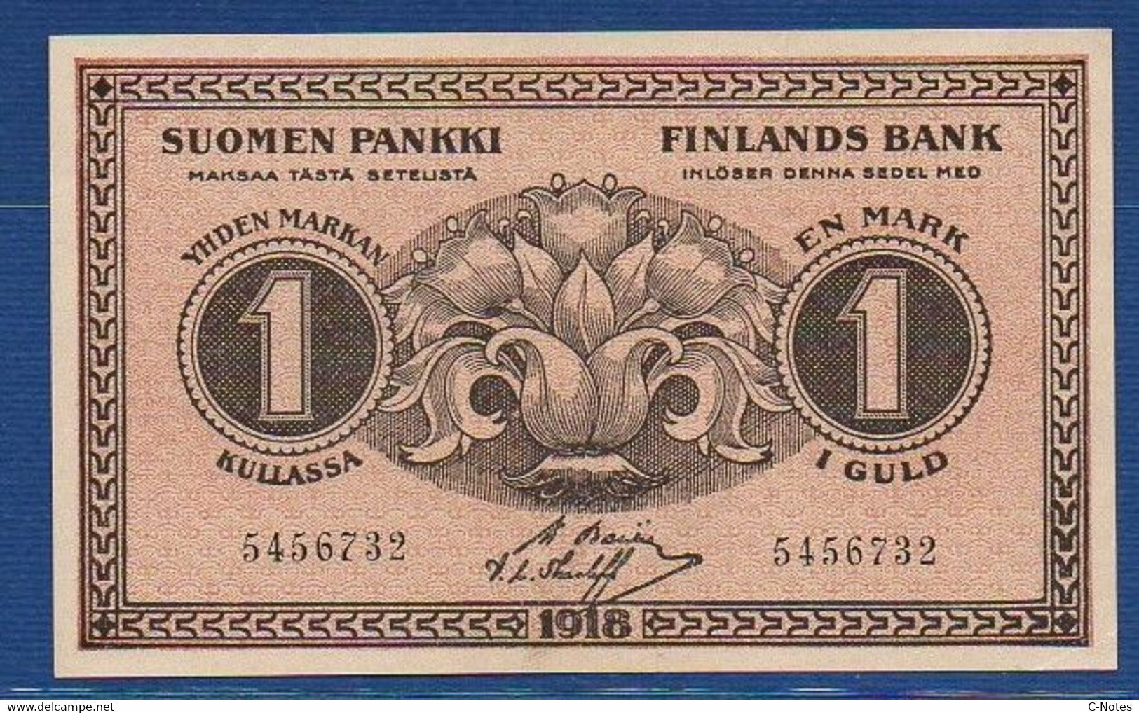 FINLAND - P. 35a (5) – 1 Markka Kullassa / Mark I Guld (Goldmark) 1918 XF/aUNC, Serie 5456732 - Finnland