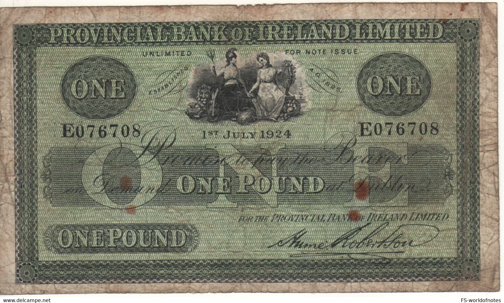 IRELAND  Rare 1 Pound   P346b   Dated 1st -July -1924  "Britannia & Hibernia Seated At Upper Center" - Ierland