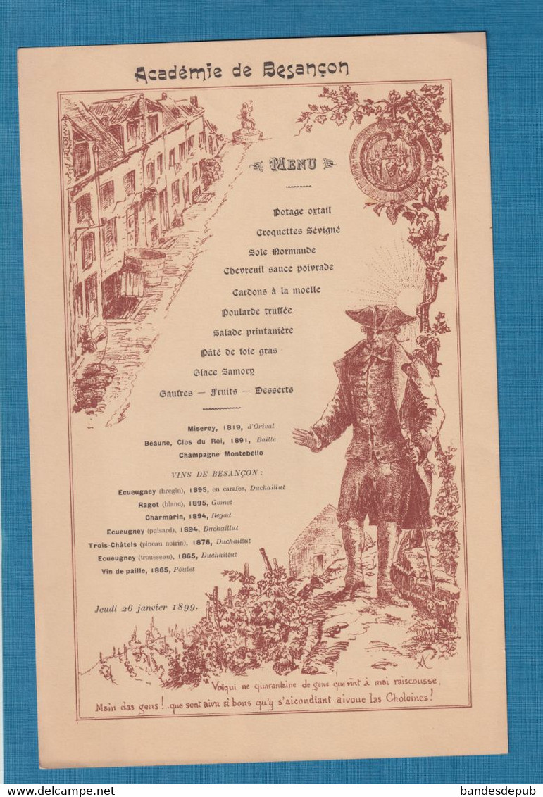 BESANCON Académie De Besançon Beau Menu Illustré 1899 Vins De La Région Mr Pingaud - Menus