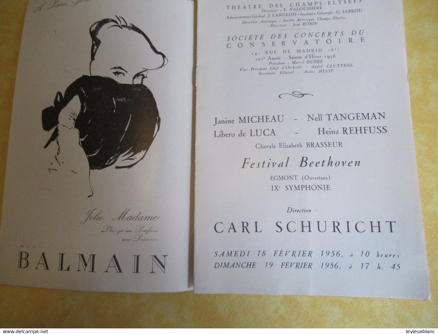 Programme Ancien/Musique/Théâtre Des Champs Elyséees/Sté Des Concerts Du Conservatoire/Festival Beethoven/1956   PROG338 - Programma's