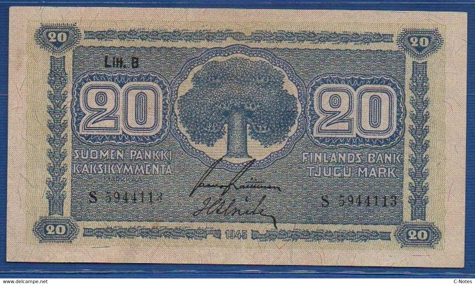 FINLAND - P. 86 (12) – 20 Markkaa 1945,  UNC, Serie S5944113 Litt. B - Finland