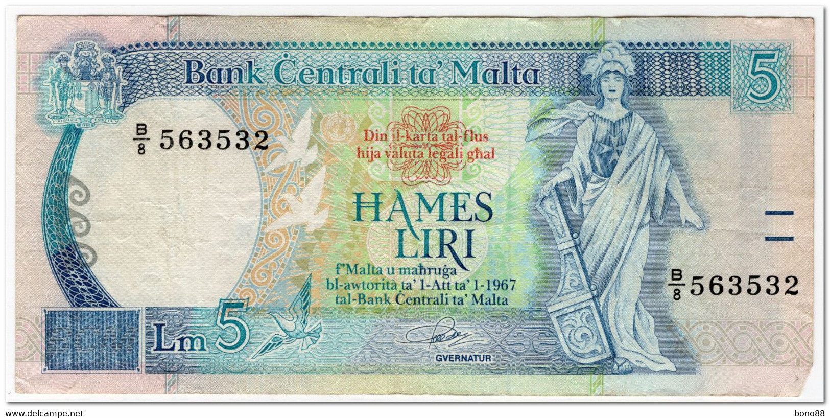 MALTA,5 LIRI,1994,P.46a,F-VF,GRAFFITI - Malta