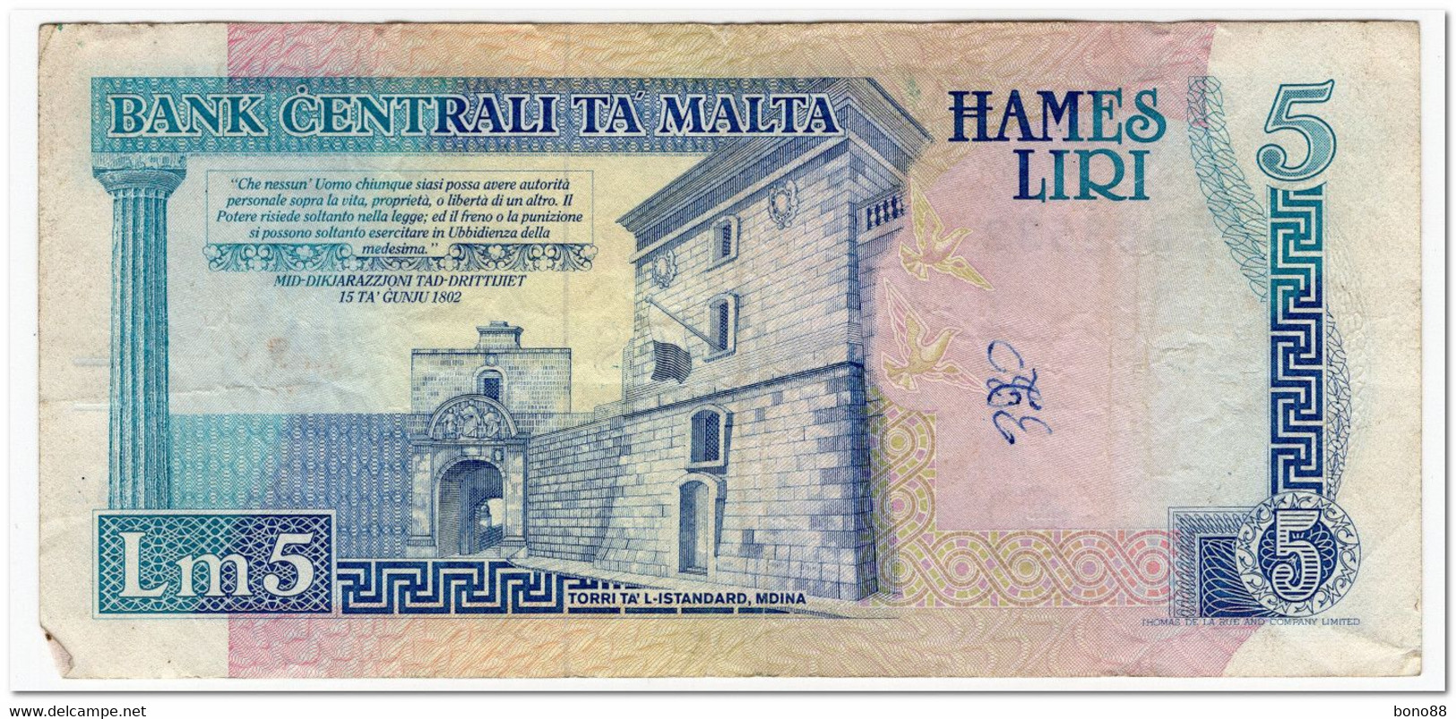 MALTA,5 LIRI,1994,P.46a,F-VF,GRAFFITI - Malta