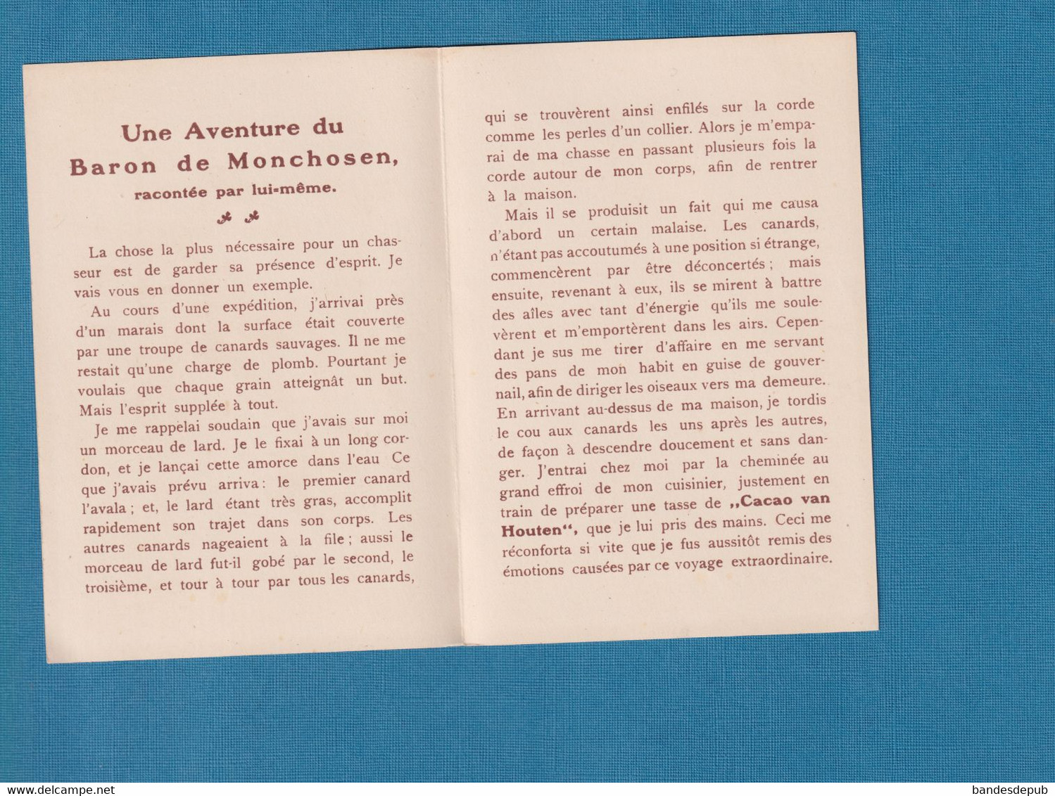 Rare Chromo Van Houten, Cacao, Baron Von Münchhausen Monchosen Canards  Carnet Chromo Deux Pages Tout Est Scanné - Van Houten