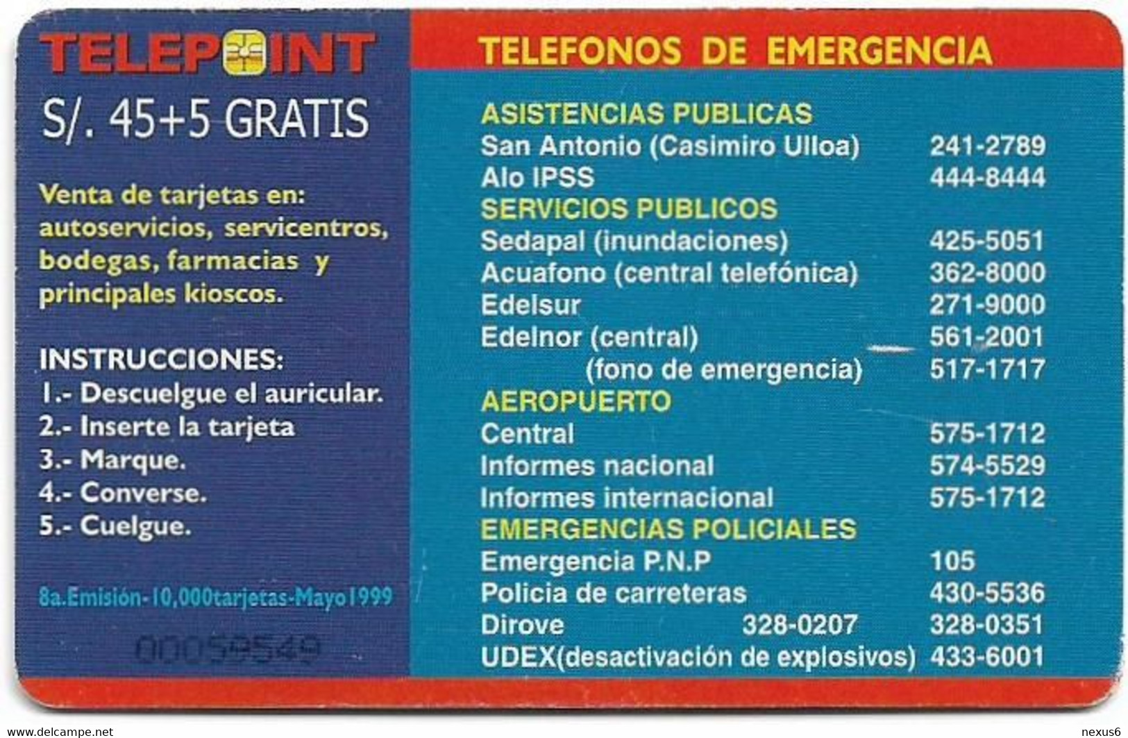 Peru - Telepoint - Public Phone Keyboard, 05.1999, 45+5Sol, 10.000ex, Used - Peru