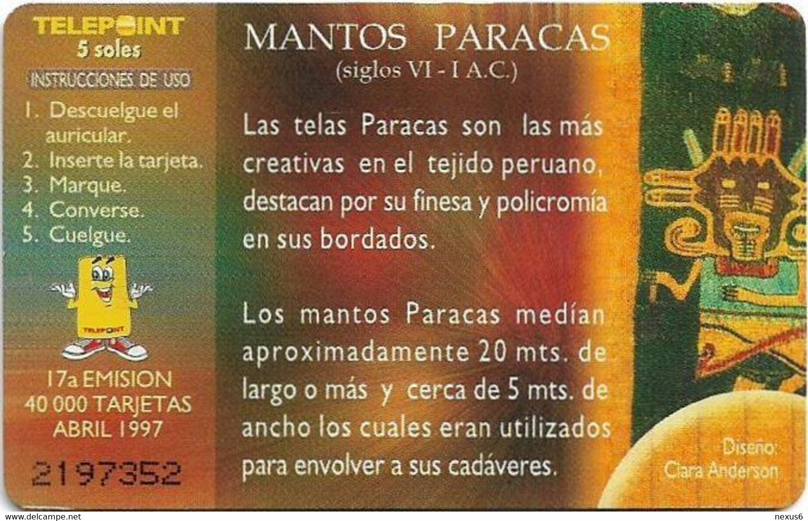 Peru - Telepoint - Paracas Garnment, 04.1997, 5Sol, 40.000ex, Used - Pérou