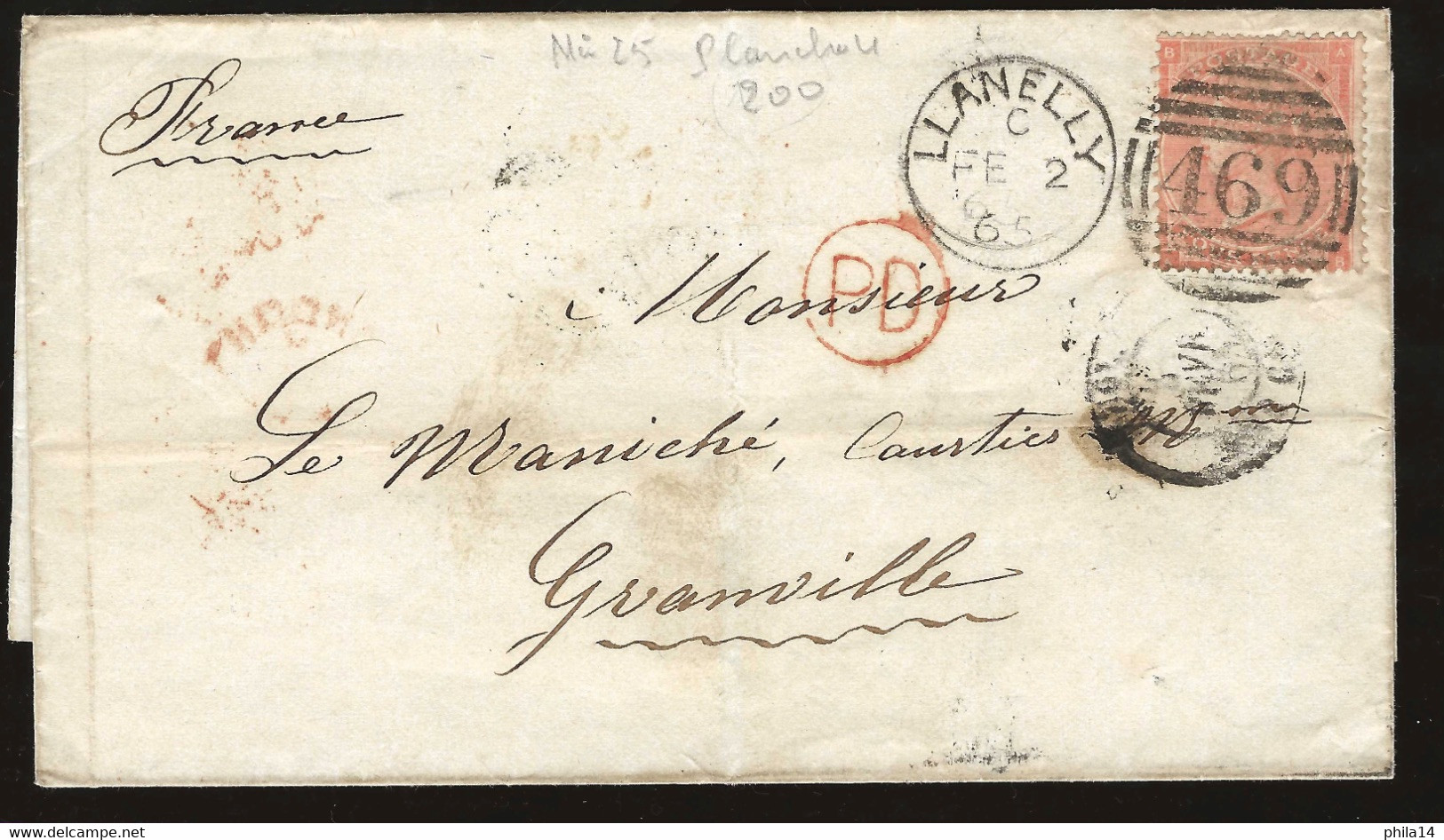 COVER / ONE PENNY VICTORIA / LLANELLY TO GRANVILLE FRANCE 1865 - Covers & Documents