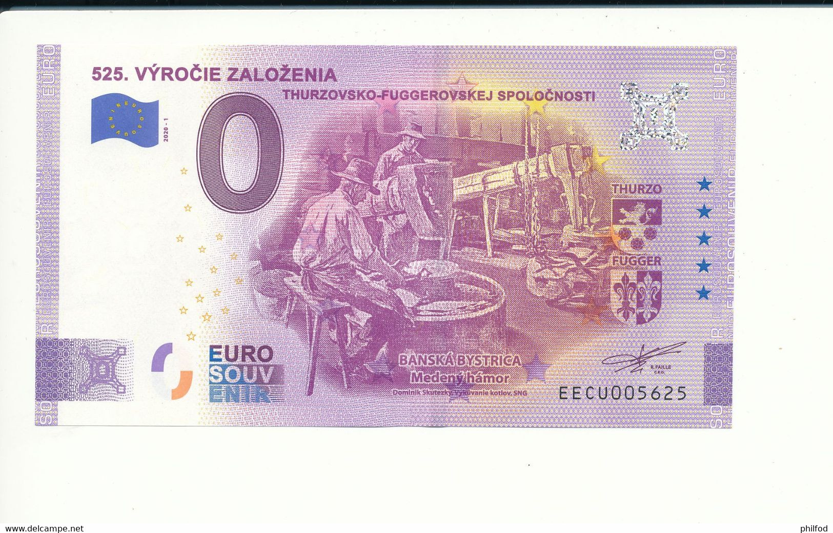 Billet Touristique 0 Euro - 525. VÝROČIE ZALOŽENIA THURZOVSKO-FUGGEROVSKEJ SPOLOČNOSTI - EECU - 2020-1 - N°  5625 - Autres & Non Classés