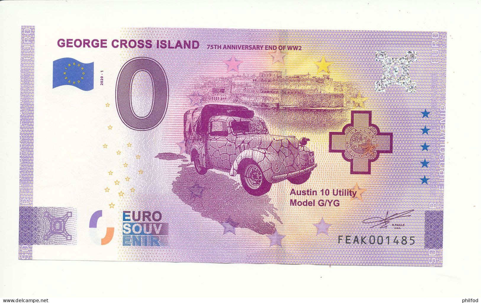 Billet Touristique 0 Euro - GEORGE CROSS ISLAND 75TH ANNIVERSARY END OF WW2 - FEAK -  2020-1 - N° 1485 - Autres & Non Classés