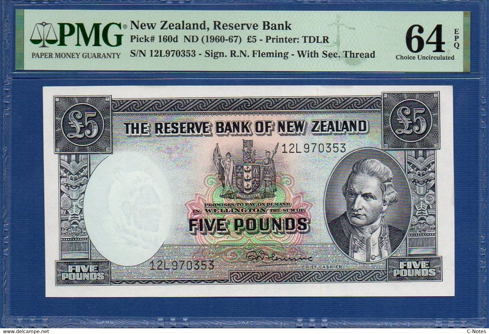 NEW ZEALAND  - P.160d – 5 Pounds ND (1960-67) UNC-  / PMG 64, Serie 12L970353 - Nieuw-Zeeland