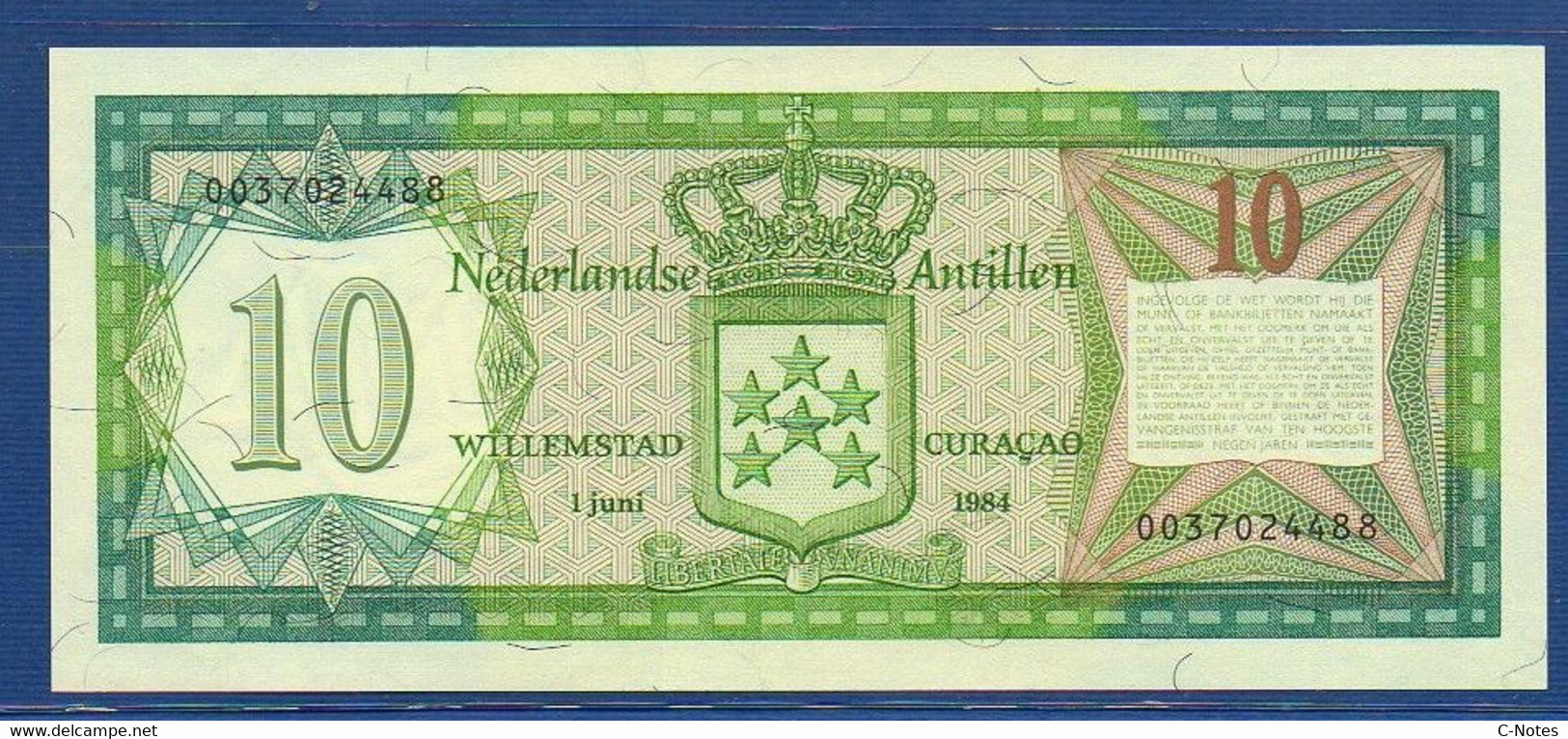 NETHERLANDS ANTILLES - P.16b – 10 Gulden 1984 UNC, Serie 003702488 - Antilles Néerlandaises (...-1986)
