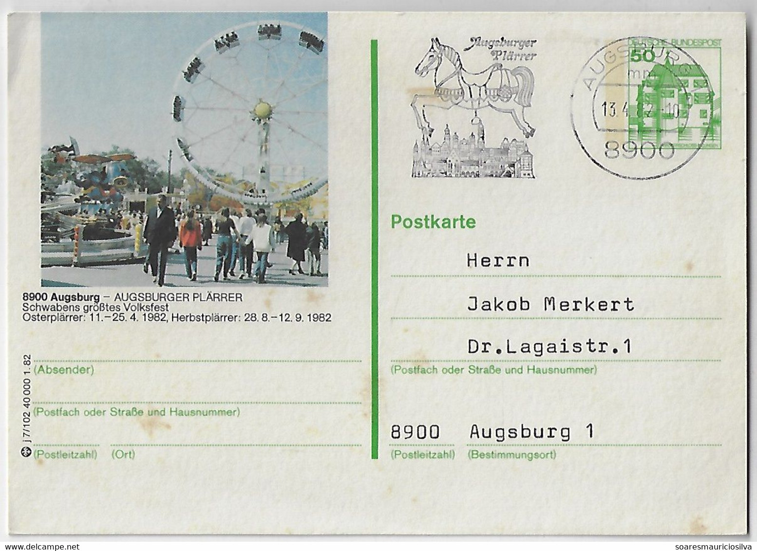 Germany 1982 Postal Stationery Card Internal Usage In Augsburg Augsburger Pläerrer Festival Ferris Wheel Cancel Carousel - Private Postcards - Used