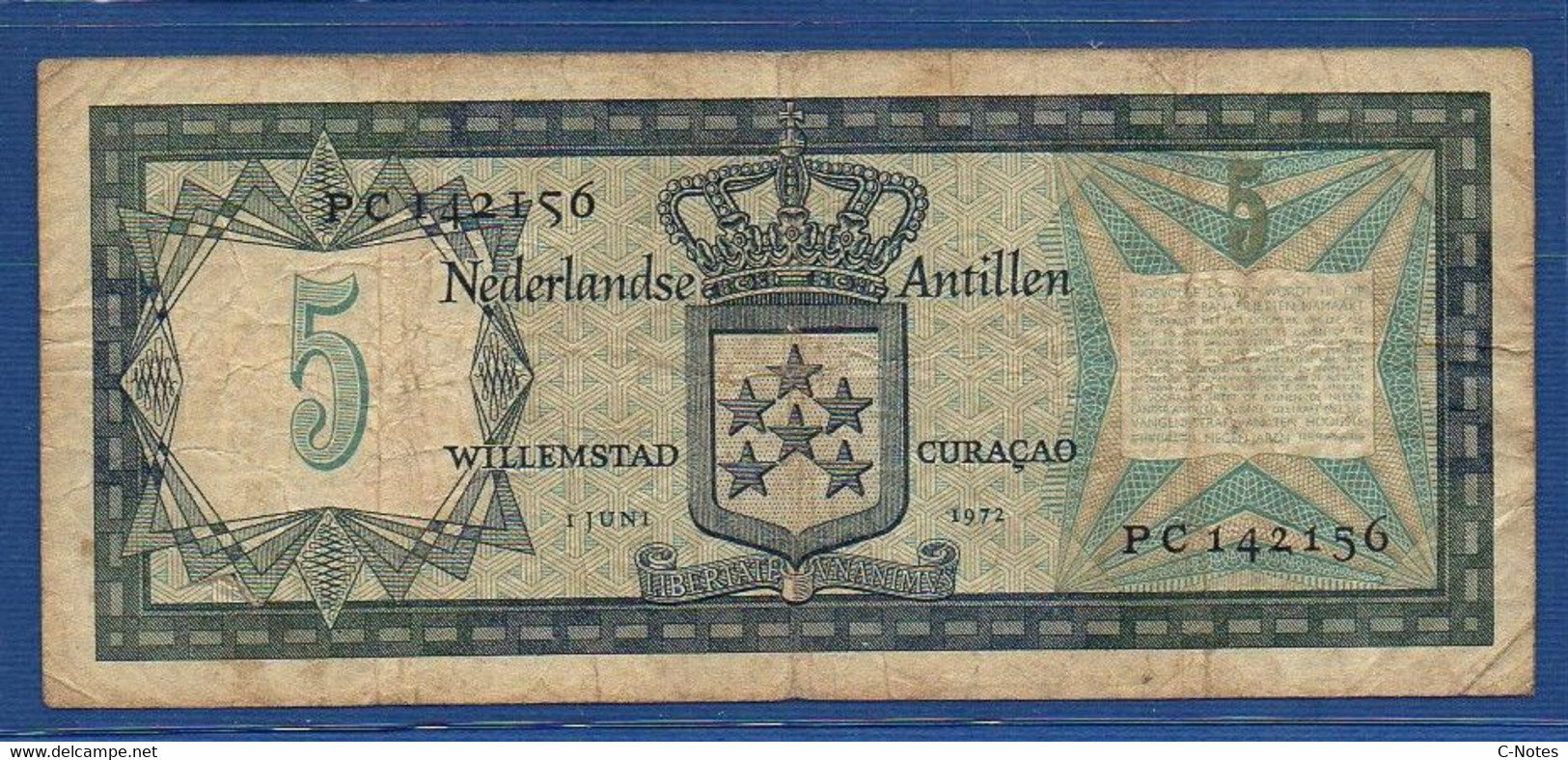 NETHERLANDS ANTILLES - P. 8b – 5 Gulden 1972 F/VF, Serie PC142156 - Nederlandse Antillen (...-1986)