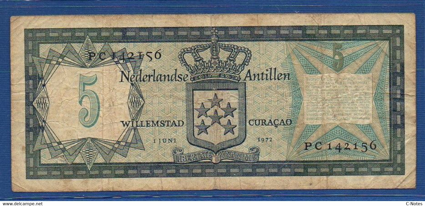 NETHERLANDS ANTILLES - P. 8b – 5 Gulden 1972 F/VF, Serie PC142156 - Netherlands Antilles (...-1986)