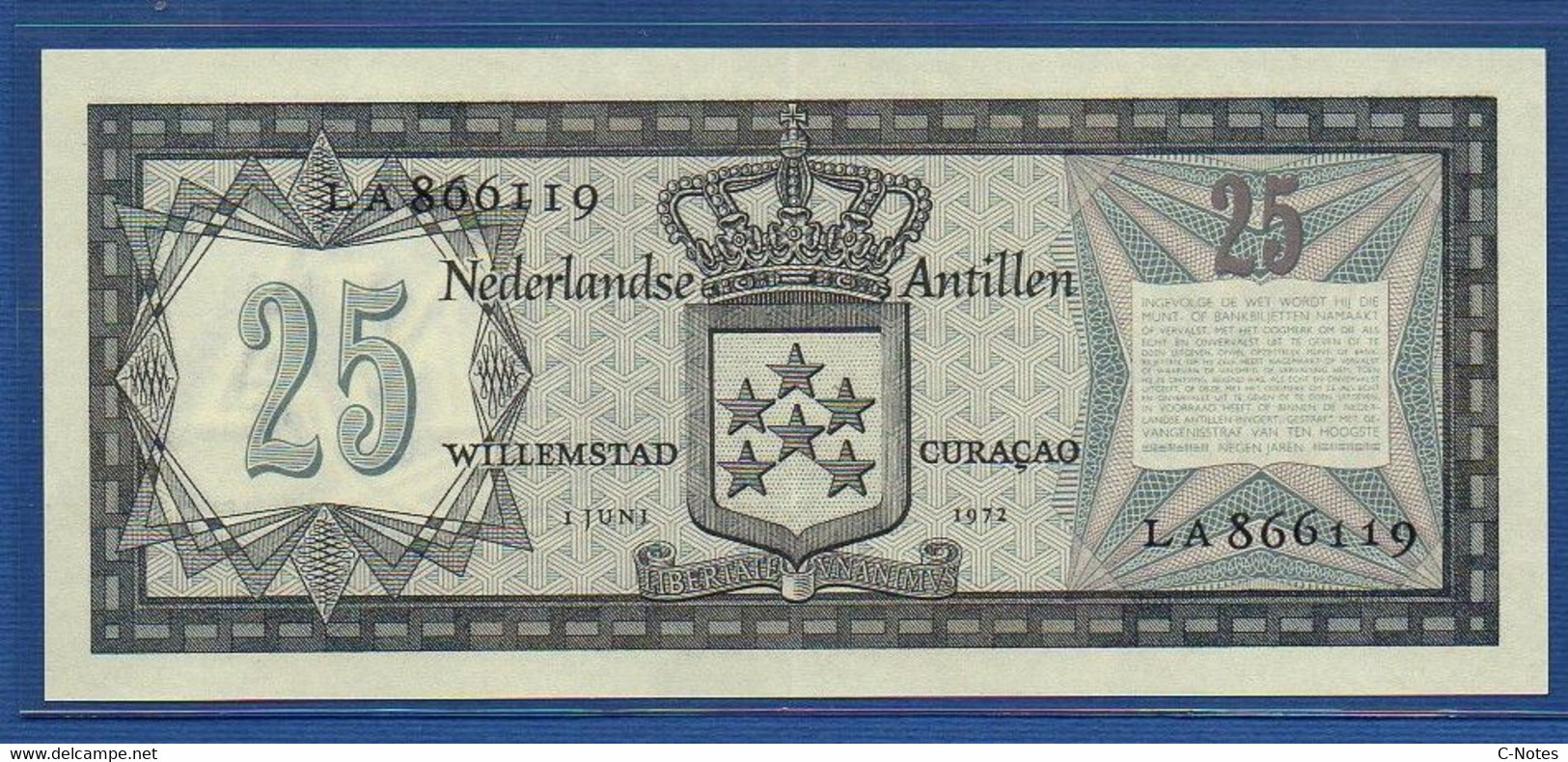 NETHERLANDS ANTILLES - P.10b – 25 Gulden 1972 AUNC, Serie LA866119 - Antilles Néerlandaises (...-1986)