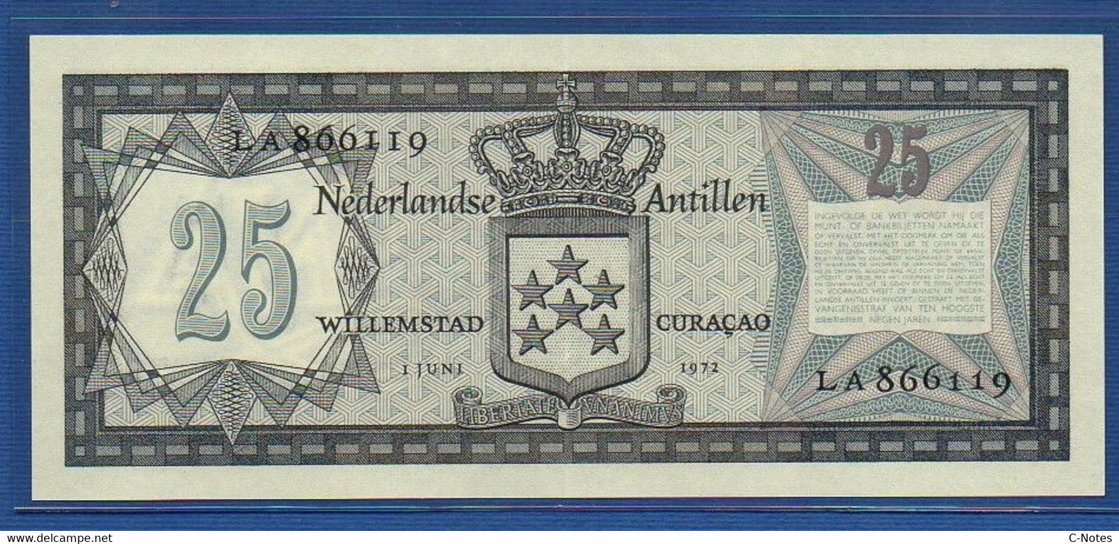 NETHERLANDS ANTILLES - P.10b – 25 Gulden 1972 AUNC, Serie LA866119 - Antille Olandesi (...-1986)