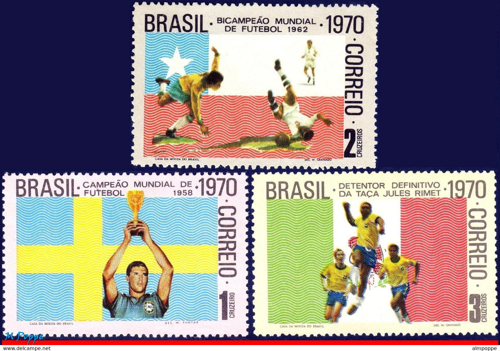 Ref. BR-1167-69 BRAZIL 1970 - WORLD CUP CHAMPIONSHIP,MEXICO, MI# 1262-64, SET MNH, FOOTBALL SOCCER 3V Sc# 1167-1169 - 1970 – Mexico