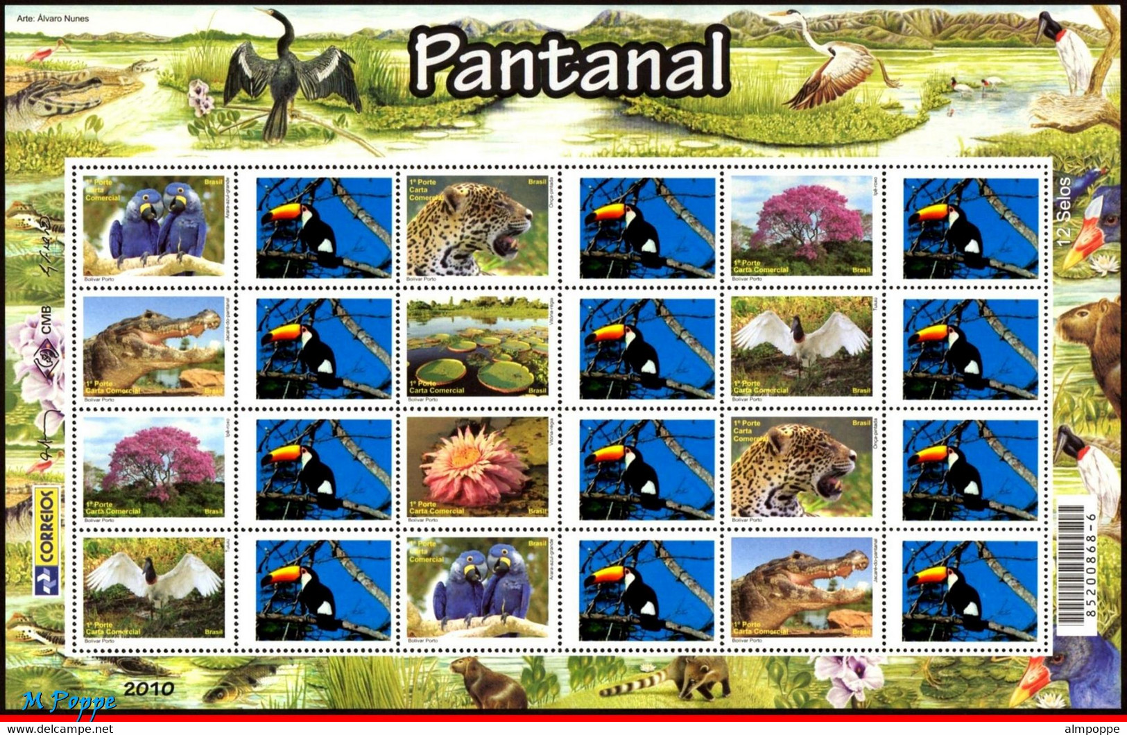 Ref. BR-3140-3 BRAZIL 2010 - PANTANAL,ALLIGATOR,BIRDS,TOUCAN,FLOWERS,PERS.MNH, ANIMALS, FAUNA 12V Sc# 3140 - Personalisiert