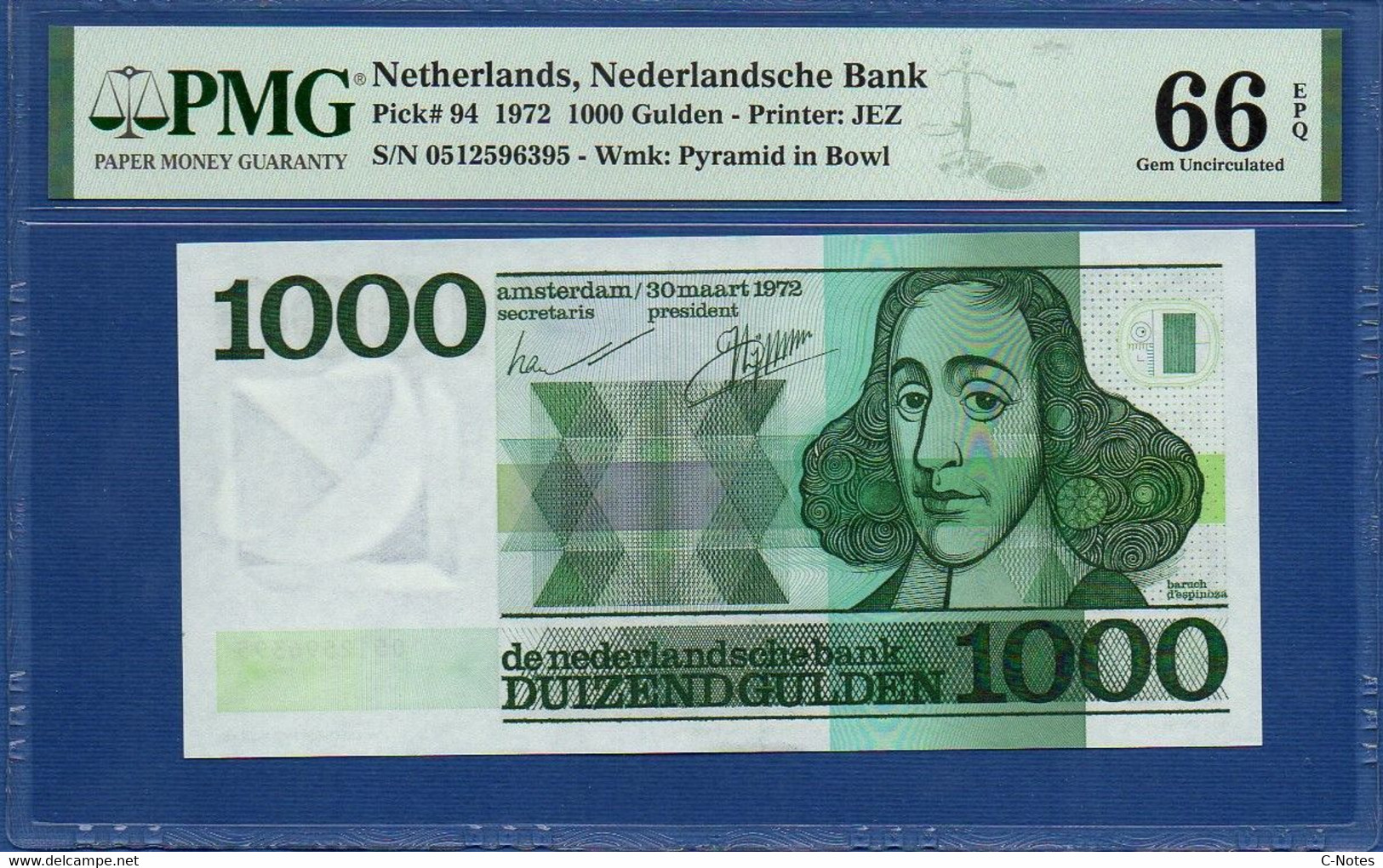 NETHERLANDS - P. 94 – 1000 Gulden 1972 UNC PMG 66, Serie 0512596395 - 1000 Gulden