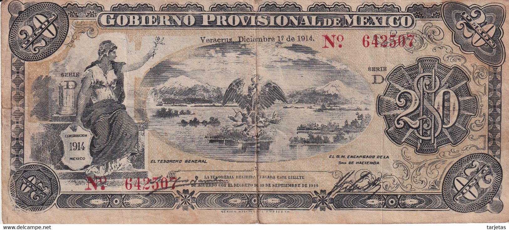 BILLETE DE MEXICO DE 20 PESOS AÑO 1914  (BANKNOTE) - Mexico